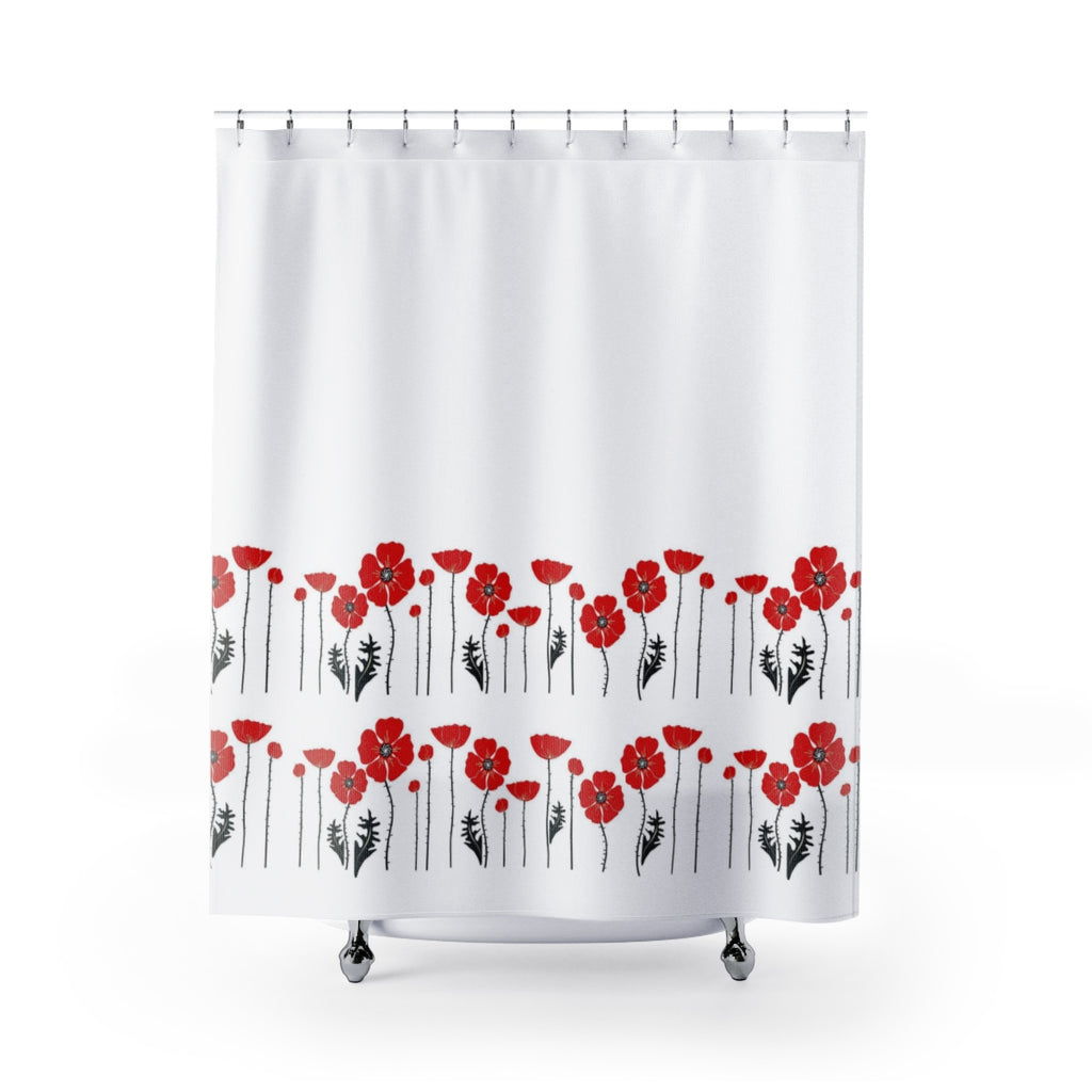 Red Flowers on White Shower Curtain