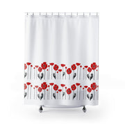 Red Flowers on White Shower Curtain