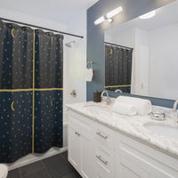 Yellow Moon and Stars on Blue Shower Curtain