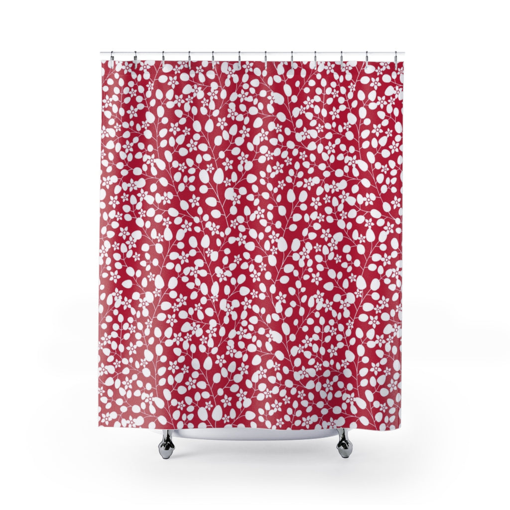 White Buds on Red Shower Curtains