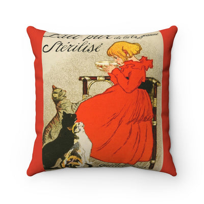 Girl Drinking Milk With Cats on Red Spun Polyester Square Pillow