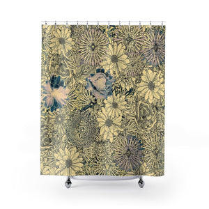 Abstract Drawn Golden Flowers with Gray Accent Shower Curtain