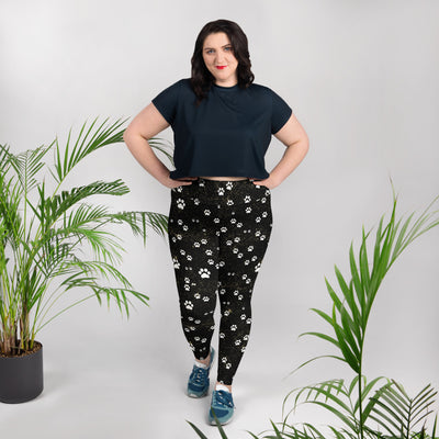 White Kitty Paws on Black All-Over Print Plus Size Leggings