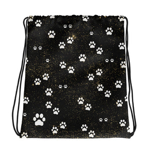 Kitty Cat Paws on Black Spatter Background Designer Drawstring Bag-Backpack